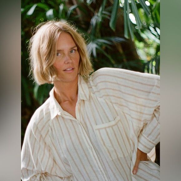 aerie XS Ivory Tan Vertical Stripe Pool-to-Party Linen Blend Cover up Shirt - Picture 13 of 17